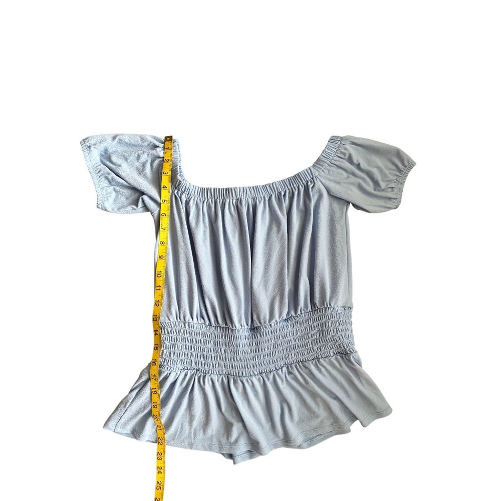 NWT Express Off-Shoulder Top Lace-Up Baby Blue‎ Smocked Waist Size Medium Blouse - Picture 6 of 13